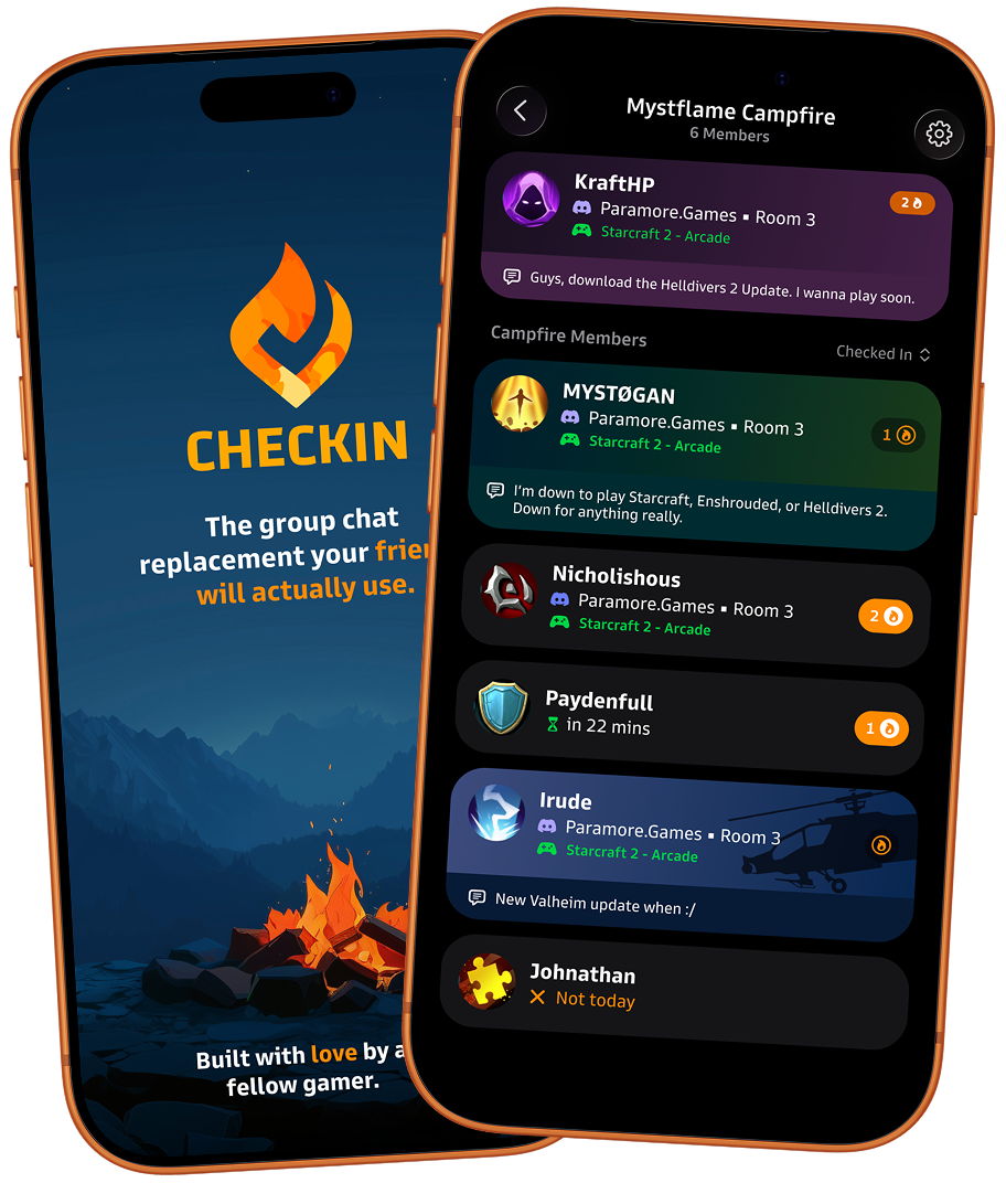 Checkin app showing campfire groups and member statuses